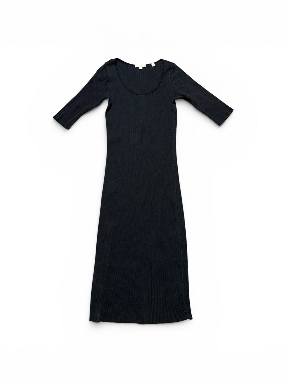 Vince Ribbed Elbow Sleeve Black Scoop-Neck Midi Dress Medium New